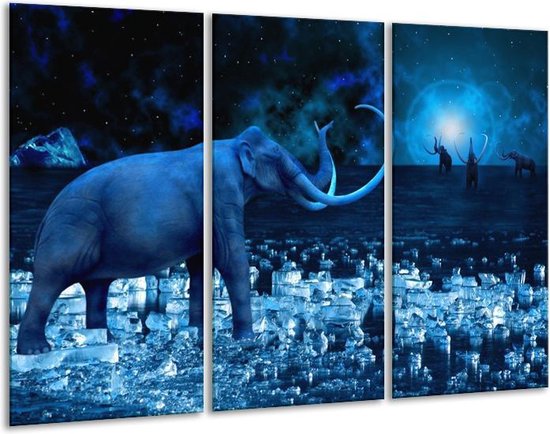 GroepArt - Schilderij -  Olifant - Blauw, Wit, Zwart - 120x80cm 3Luik - 6000+ Schilderijen 0p Canvas Art Collectie