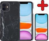 Hoes voor iPhone 11 Hoesje Marmer Hardcover Fashion Case Hoes Met Screenprotector - Hoes voor iPhone 11 Marmer Hoesje Hardcase Back Cover - Zwart x Wit