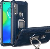 Voor Motorola Moto G Power koolstofvezel beschermhoes met 360 graden roterende ringhouder (blauw)