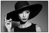 Vrouw met hoed zwart wit - Foto op Akoestisch paneel - 90 x 60 cm