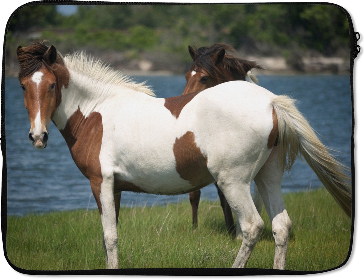 Laptophoes 17 inch - Paarden - Wit - Water - Laptop sleeve - Binnenmaat 41x28 cm - Zwarte achterkant