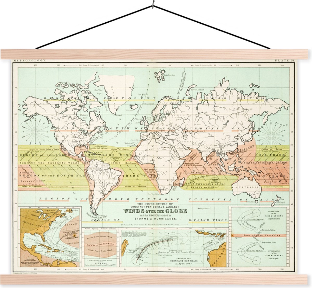 Posterhanger incl. Poster 60x45 cm - Schoolplaat - Oude meteorologische wereldkaart - Textielposter - Blanke latten