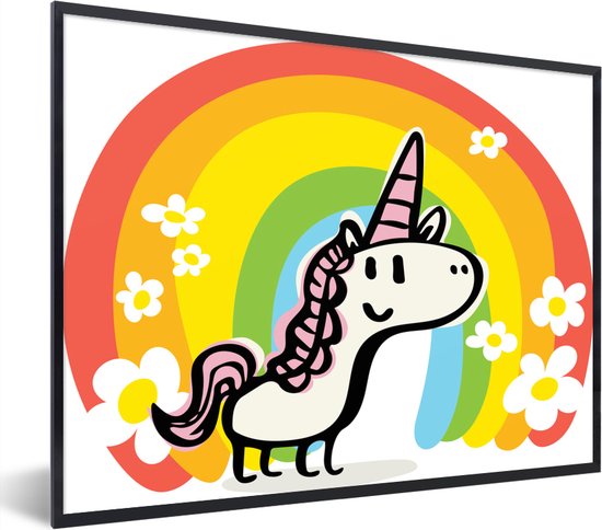 Fotolijst incl. Poster - Een illustratie van een eenhoorn met een regenboog - Meisjes - Kinderen - Kind - 80x60 cm - Posterlijst