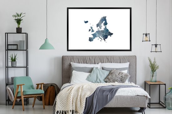 Fotolijst incl. Poster - Kaart Europa - Blauw - Aquarelverf - 120x80 cm - Posterlijst