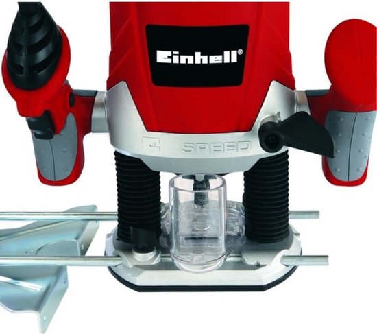 Einhell bovenfrees met rode behuizing en zilveren basis, met "4 SPEED" aanduiding.