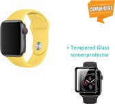 Band geschikt voor Apple Watch - silicone band - geel + glazen screen protector - Maat: 44mm - M/L