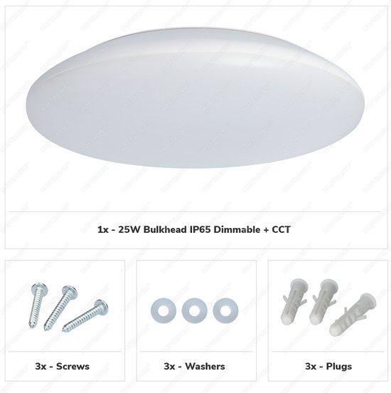 Witte, ronde, platte bulkhead lamp, IP65 dimbaar, CCT instelbaar. Bevat 25W vermogen, schroeven, ringen en pluggen.