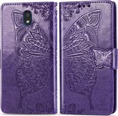 Voor lg k30 2019 vlinder liefde bloem reliÃ«f horizontale flip lederen case met beugel lanyard kaartsleuf portemonnee (donker paars)