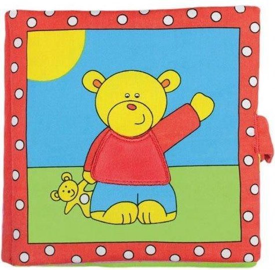 Zacht boekje met een gele teddybeer met rode trui en blauwe broek, die zwaait. Hij heeft een kleine teddybeer bij zich. Omrand met rode stippen.