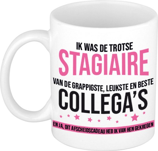 Foto: Ik was de trotse stagiaire van de grappigste leukste en beste collegas koffiemok theebeker wit 300 ml roze en zwarte letters afscheidscadeau voor stagiaire leerling trainee