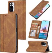 Voor Xiaomi Poco M3/Redmi Note 9 4G Huid Voelen Druk Lijn Magnetische Horizontale Flip Lederen Case met Houder & Kaartsleuf & Portemonnee & Fotolijst (Bruin)