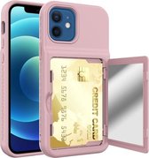 Schokbestendige pc + TPU-beschermhoes met kaartsleuven en spiegel voor iPhone 12 mini (roze)