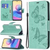 Voor Xiaomi Poco M3 Pro / Redmi Note 10 5G Embossing Twee Vlinders Patroon Horizontale Flip PU Lederen Case met Houder & Kaartsleuf & Portemonnee & Lanyard (Groen)