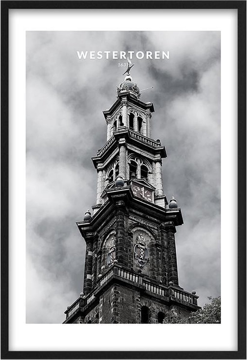 Poster Westertoren Amsterdam - A3 - 30 x 40 cm - Inclusief lijst (Zwart MDF)