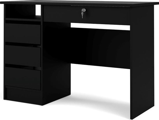Plus bureau met 1 legplank, 3 kleine laden en 1 grote lade met sleutel, mat zwart.