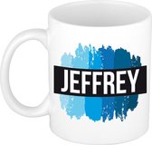 Jeffrey naam cadeau mok / beker met  verfstrepen - Cadeau collega/ vaderdag/ verjaardag of als persoonlijke mok werknemers