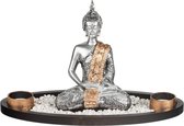 Boeddha beeld met waxinelichthouders zilver 33 cm - Boeddha beeldjes voor binnen gebruik