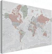 Wereldkaart Aardrijkskundig Lichte Tinten - Canvas 60x40