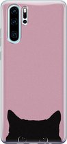 Huawei P30 Pro hoesje - Zwarte kat - Siliconen - Soft Case Telefoonhoesje - Print - Roze