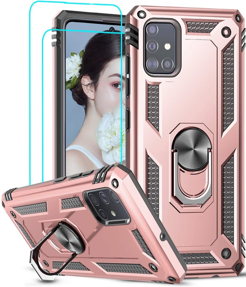 Hoesje Geschikt Voor Samsung Galaxy A51 Armor Ring hoesje & 2x Glazen tempered - Rose goud