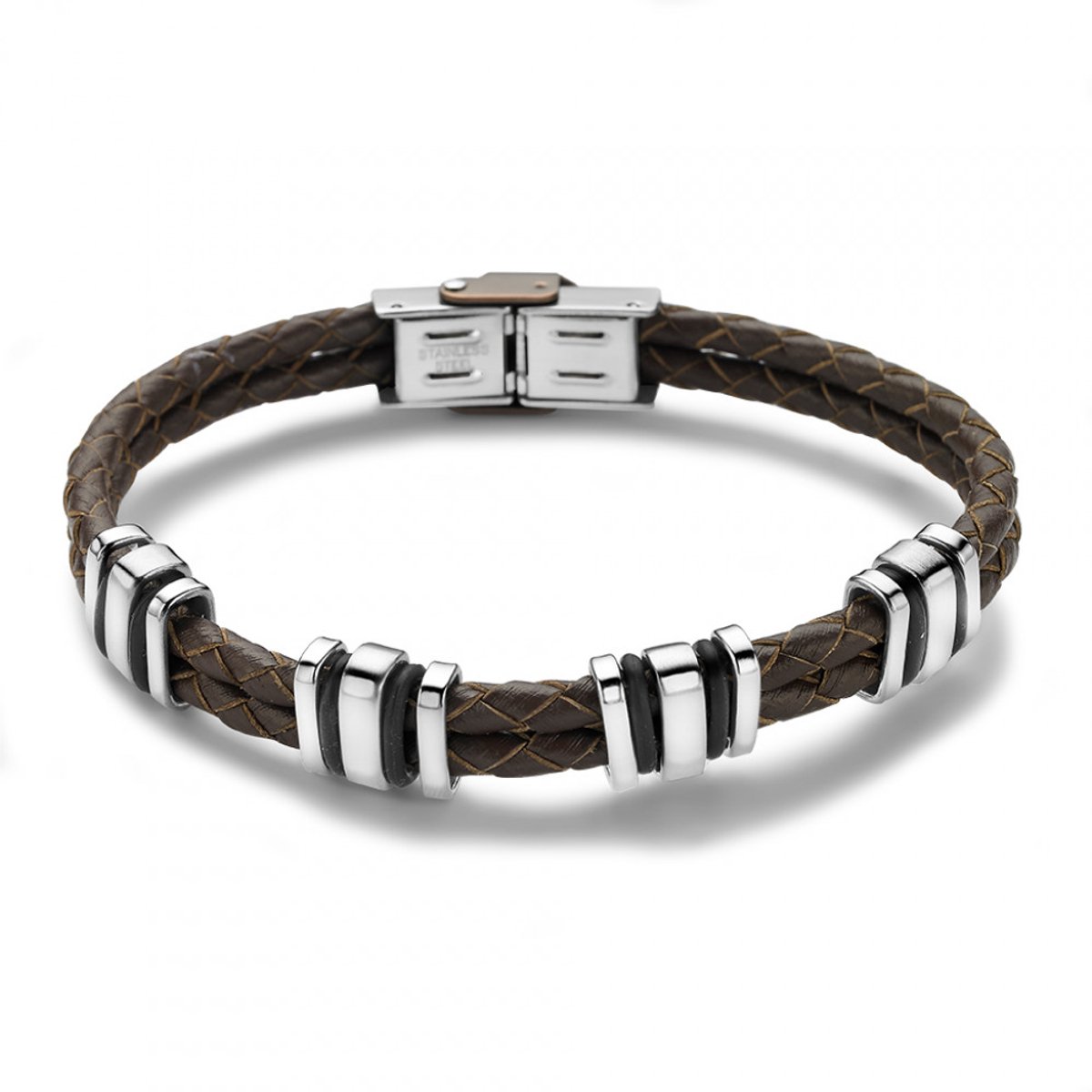 Twice As Nice armband in bruin leder en edelstaal Donkerbruin 21cm