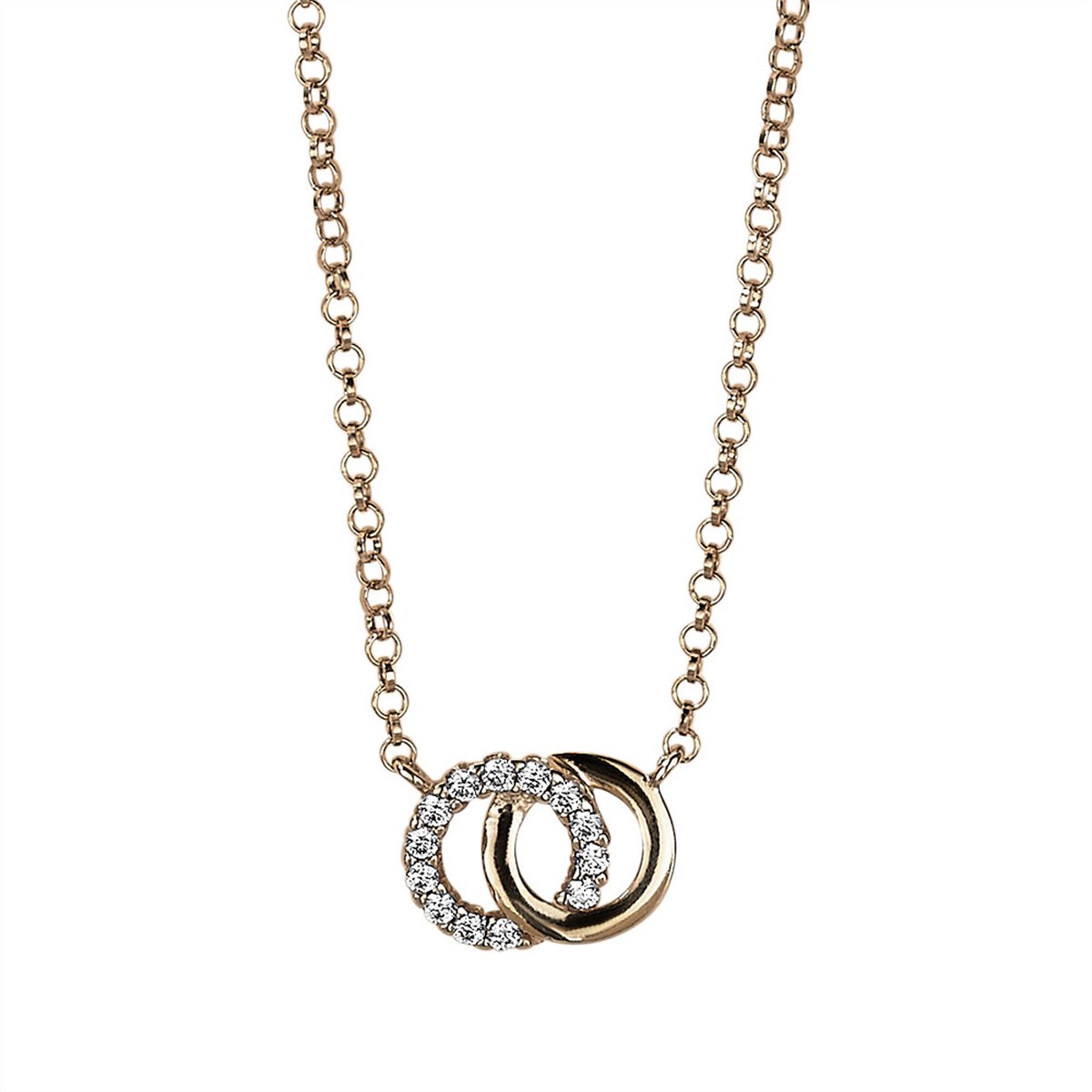 Twice As Nice Halsketting in 18kt verguld zilver, 2 cirkels, zirkonia 40cm+5cm