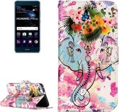 Voor Huawei P10 Lite Glans Olie Reliëf Bloem Olifant Patroon Horizontale Flip Lederen Case met Houder & Kaartsleuven & Portemonnee & Fotolijst