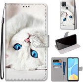 Voor OPPO A15 / A15s Gekleurde Tekening Cross Textuur Horizontale Flip PU Lederen Case met Houder & Kaartsleuven & Portemonnee & Lanyard (Wit Kitten)