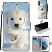 Voor Samsung Galaxy S21 FE Gekleurde Tekening Cross Textuur Horizontale Flip PU Lederen Case met Houder & Kaartsleuven & Portemonnee & Lanyard (Sneeuw Puppy)