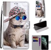 Gekleurde tekening Cross Texture Horizontale Flip PU lederen tas met houder & kaartsleuven & portemonnee & lanyard voor iPhone 11 Pro Max (Slant Hat Blue Mirror Cat)