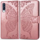 Voor Galaxy A50S vlinder liefde bloem reliëf horizontale flip lederen tas met beugel / kaartsleuf / portemonnee / lanyard (rose goud)