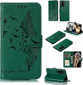 Voor Huawei Honor 30 Pro Litchi Textuur Veer Embossing Patroon Horizontale Flip Leren Case met Houder & Kaartsleuven & Portemonnee & Fotolijst & Lanyard (Groen)