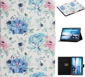 Voor Lenovo Tab M10 bloempatroon horizontale flip lederen tas met kaartsleuven en houder (blauwe bloem op wit)