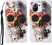 Voor Xiaomi Mi 11 Gekleurd tekeningpatroon Horizontaal lederen flip-hoesje met houder & kaartsleuven & portemonnee & lanyard (bloemenschedel)