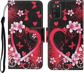 Voor Samsung Galaxy A02s (Amerikaanse versie) Gekleurd tekeningpatroon Horizontaal lederen flip-hoesje met houder & kaartsleuven & portemonnee & lanyard (rood hart)