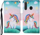 Voor Samsung Galaxy A21 Gekleurde Tekening Patroon Horizontale Flip Leren Case met Houder & Kaartsleuven & Portemonnee & Lanyard (Regenboog Eenhoorn)
