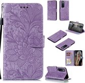 Voor Huawei Nova 7 Kanten Bloem Embossing Patroon Horizontale Flip Leren Case, met Houder & Kaartsleuven & Portemonnee & Fotolijst & Lanyard (Paars)