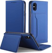 Voor iPhone XS / X Sterk magnetisme Schokbestendig Horizontaal Flip Vloeistofgevoel lederen tas met houder & kaartsleuven en portemonnee (blauw)