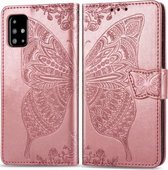 Voor Galaxy A71 vlinder liefde bloem reliëf horizontale flip lederen tas met beugel / kaartsleuf / portemonnee / lanyard (rose goud)