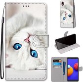 Voor Samsung Galaxy A01 Core Gekleurde Tekening Cross Textuur Horizontale Flip PU Lederen Case met Houder & Kaartsleuven & Portemonnee & Lanyard (Wit Kitten)