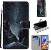 Voor Samsung Galaxy A21s Gekleurde Tekening Cross Textuur Horizontale Flip PU Lederen Case met Houder & Kaartsleuven & Portemonnee & Lanyard (Mountain Road Sterrenhemel)