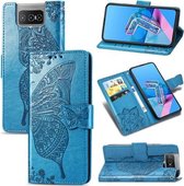 Voor Asus Zenfone 7 ZS670KS Butterfly Love Flower Reliëf Horizontale Flip Leren Case met Beugel / Kaartsleuf / Portemonnee / Lanyard (Blauw)