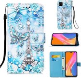 Voor Geschikt voor Xiaomi Redmi 9C Gekleurde Tekening Patroon Plain Weave Horizontale Flip Leren Case met Houder & Kaartsleuf & Portemonnee & Lanyard (Toren Vlinder)
