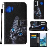 Voor Samsung Galaxy S20 Cross Texture Painting Pattern Horizontale Flip Leather Case met Houder & Kaartsleuven & Portemonnee & Lanyard (Blue Butterfly Cat Eyes)