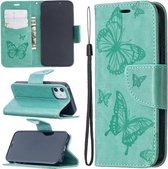 Voor iPhone 12 mini Embossing Two Butterflies Pattern Horizontale Flip PU Leather Case met houder & kaartsleuf & portemonnee & lanyard (groen)