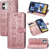 Voor iPhone 12 Pro Max Leuke Kat en Hond Reliëf Horizontale Flip Leren Case met Houder & Kaartsleuven & Portemonnee & Lanyard (Rose Goud)