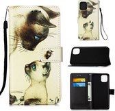 Voor iPhone 12 mini geschilderde platte textuur lederen tas met lanyard & kaartsleuf & portemonnee & houder (kat kijken elkaar aan)
