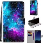 Voor Huawei P40 Lite E / Y7p Gekleurde Tekening Cross Textuur Horizontale Flip PU Lederen Case met Houder & Kaartsleuven & Portemonnee & Lanyard (Paars Groen Sterrenhemel)