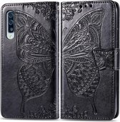 Voor Galaxy A50S vlinder liefde bloem reliëf horizontale flip lederen tas met beugel / kaartsleuf / portemonnee / lanyard (zwart)