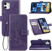 Voor iPhone 12 mini vierbladige gesp reliëf gesp mobiele telefoon bescherming lederen tas met lanyard & kaartsleuf & portemonnee & beugel functie (paars)